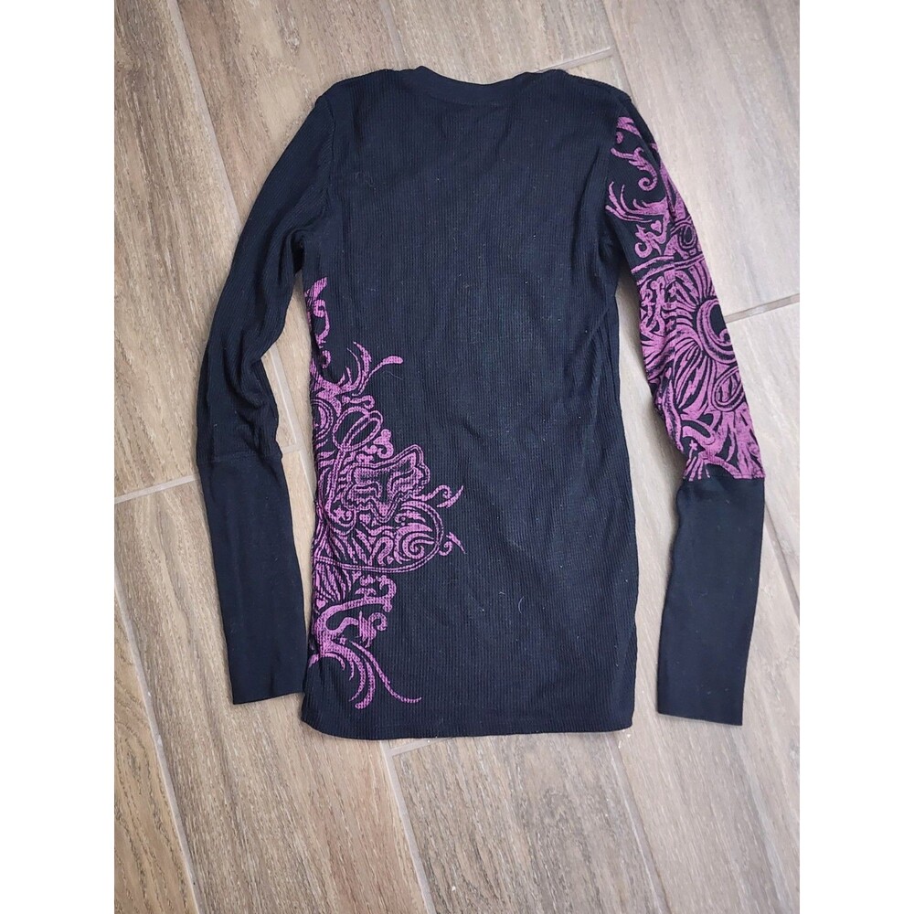 VTG Y2K Fox Thermal Shirt  M Black Pink Graphic Long Sleeve Crewneck - Picture 3 of 3